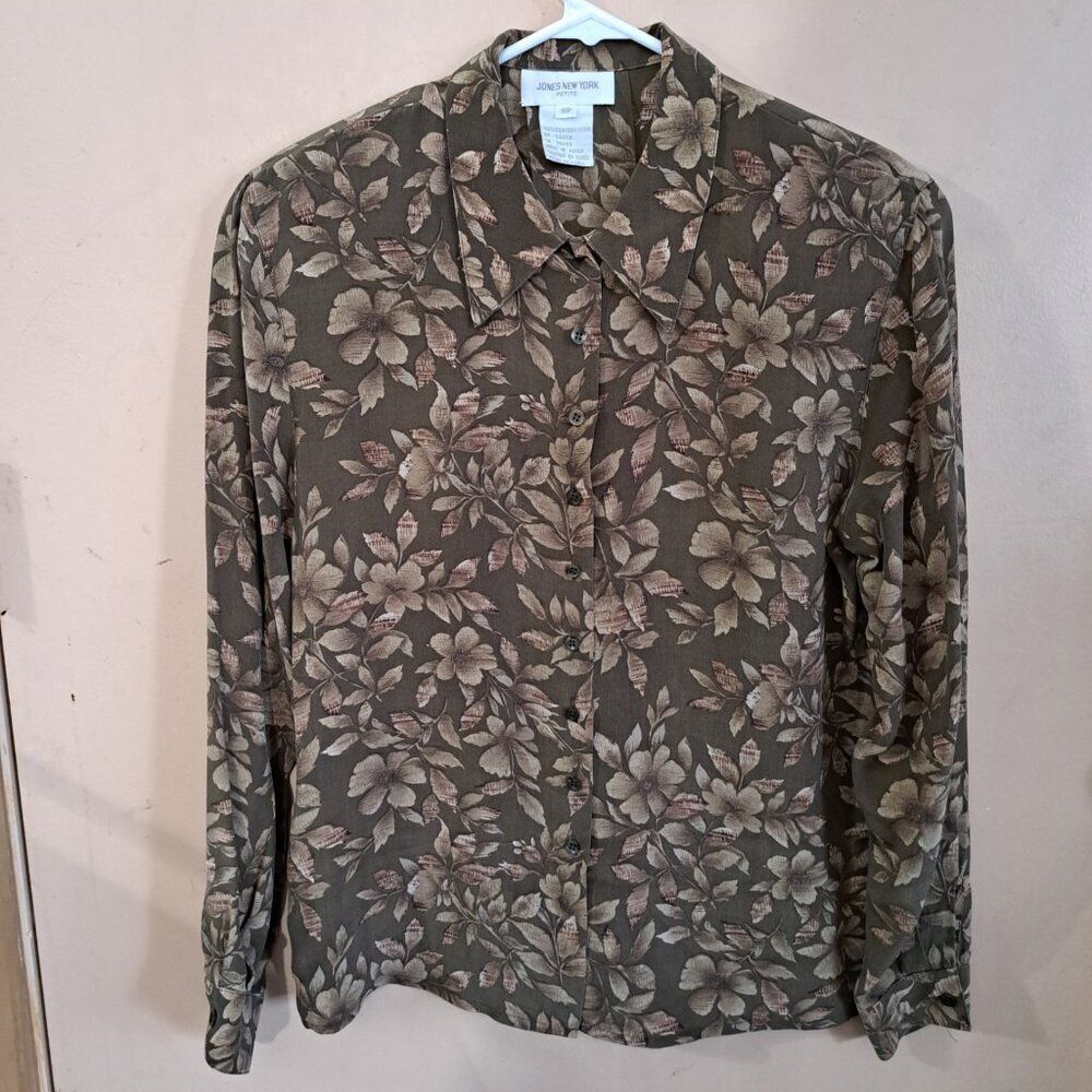 Share Jones New York Stunning Flower Blouse SZ 6P olive green